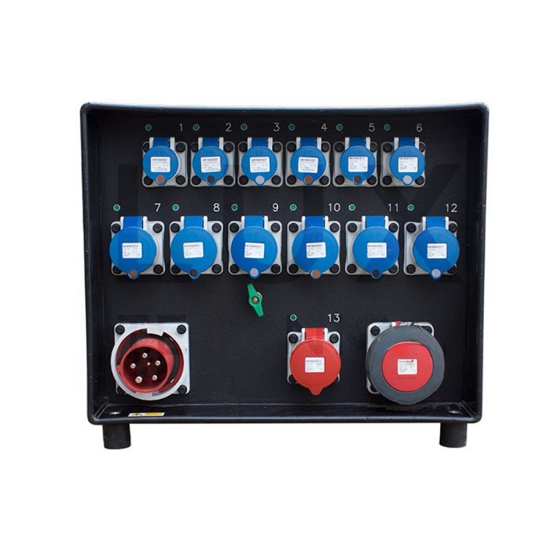 Distro 11 - 63A/3PH to 1x63A/3PH Thr, 1x32A/3PH VariELR, 6x32A/1PH & 6x16A/1PH